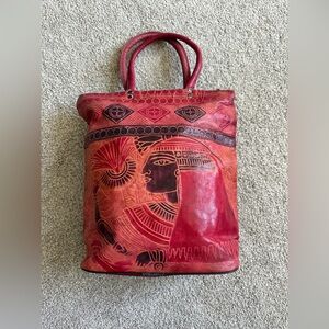 Vintage Egyptian Hand Tooled Red Leather Embossed Tote Bag Pharaoh Boho